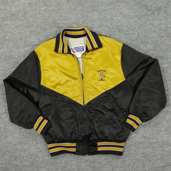 Vintage Missouri Miners Jacket Mens Size 40 Black Gold NCAA Satin Bomber USA 80s